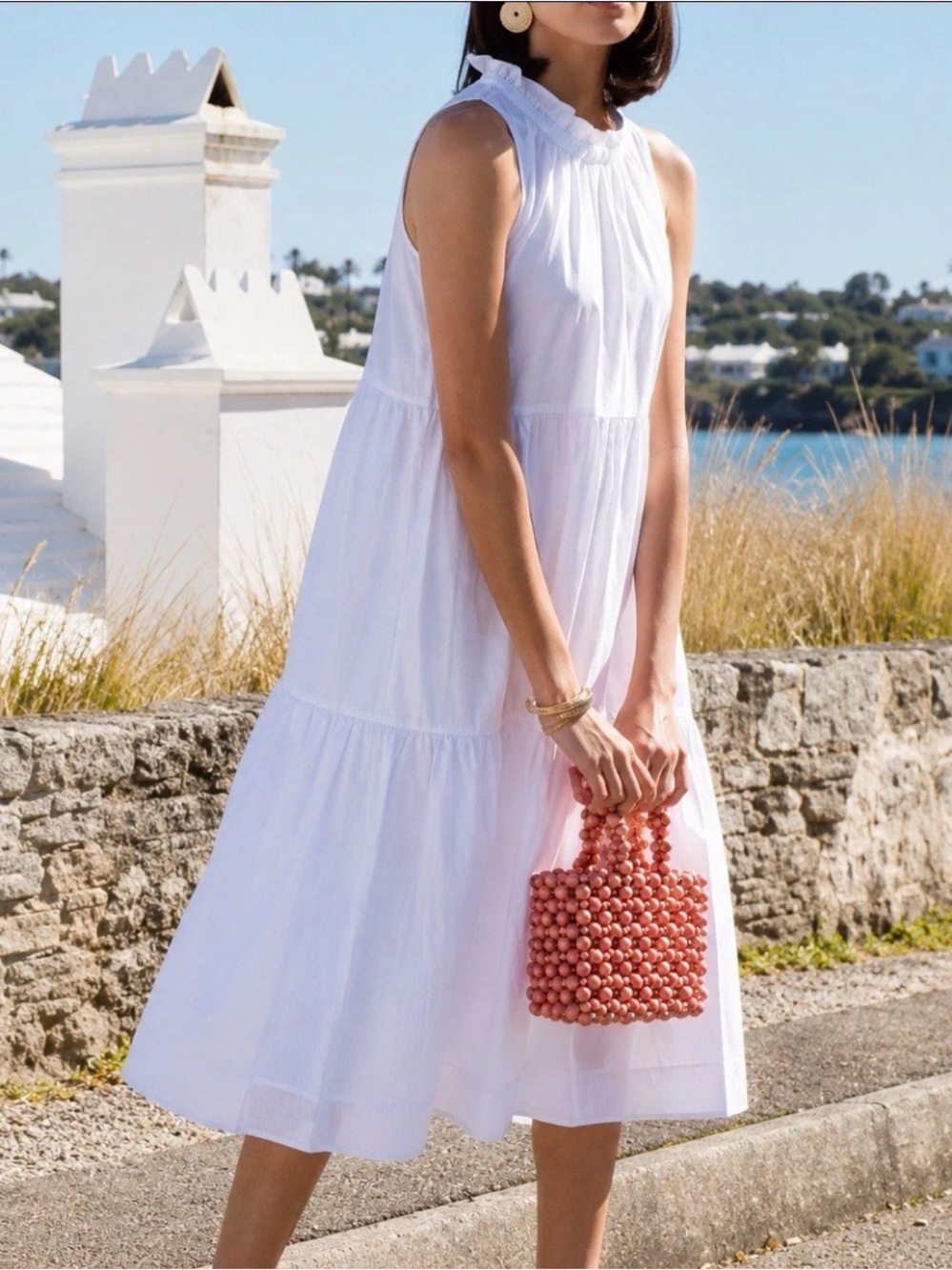 LAKE White Tiered Sleeveless Midi Dress 100% Cotton Lightweight Summer Dress